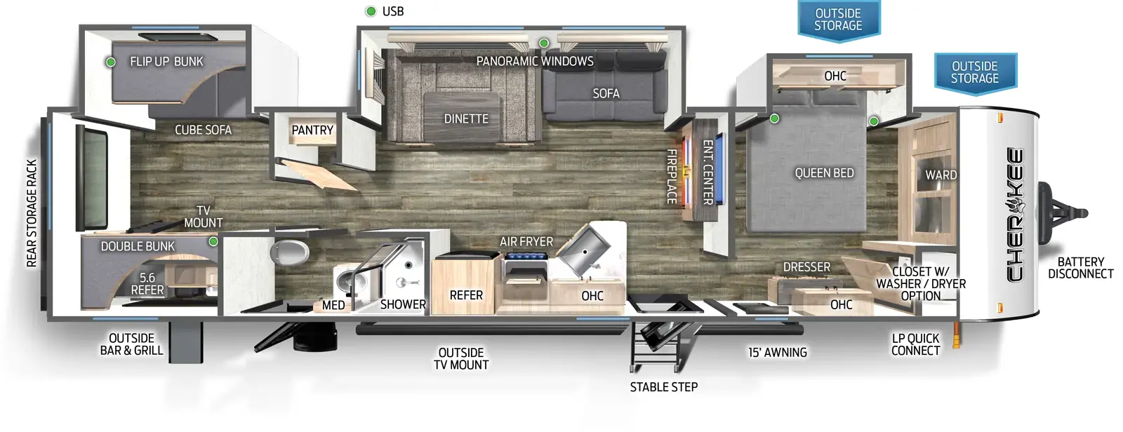 The 324TS has three slideouts and two entries. Exterior features a rear storage rack, outside bar and grill with refrigerator and sink, outside TV mount, front stable step entry, 15 foot awning, LP quick connect, battery disconnect, and outside storage. Interior layout front to back: wardrobe and closet with washer/dryer option, off-door side queen bed slide out with overhead cabinet, and door side dresser with overhead cabinet; entertainment center with fireplace below along inner wall; off-door side slide out with sofa, u-dinette, and panoramic window; door side entry, peninsula kitchen countertop with sink wraps to door side overhead cabinet, air fryer, and refrigerator; door side aisle full bathroom with medicine cabinet and second entry door; off-door side pantry; rear bunkhouse with off-door side slideout containing a cube sofa and flip up bunk, and door side bunk with TV mount below.